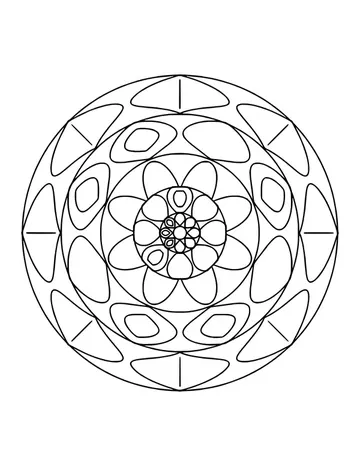 Mandala with a flower center, a ring of shield shapes and a border of arches
