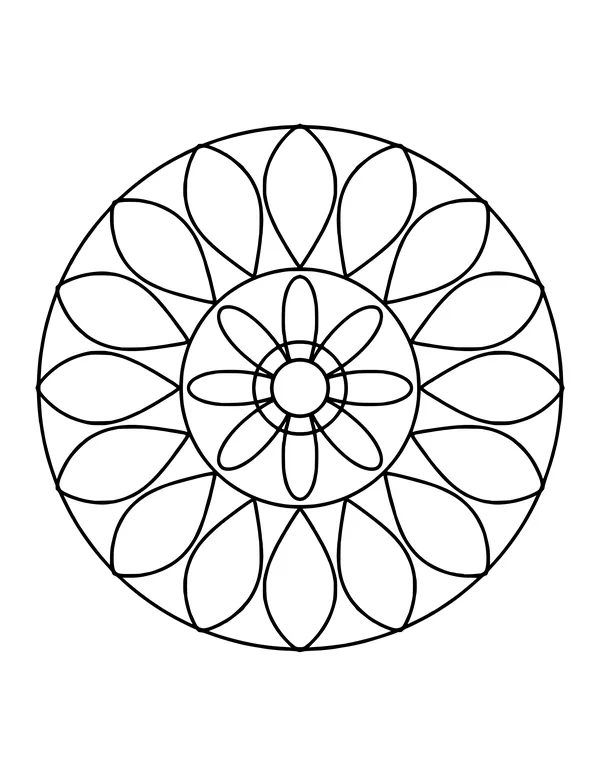 Easy mandala with an eight-petal flower in the middle and sixteen pointed petals around it