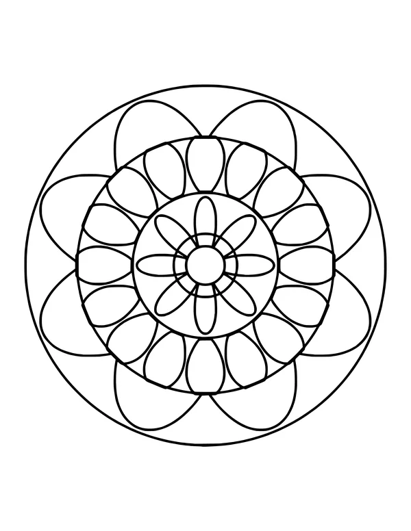 Easy mandala with three rings of petals growing larger toward the edge