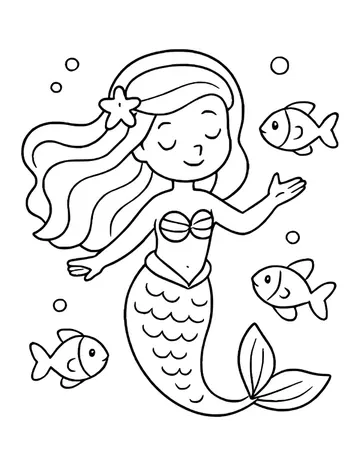 Mermaid with closed eyes and a starfish in her flowing hair, arms open, with three smiling fish and bubbles around her.