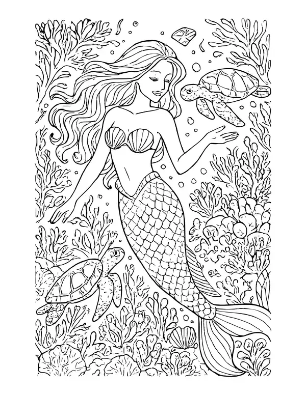 Detailed underwater scene of a mermaid with two sea turtles, surrounded on all sides by dense coral and seaweed.