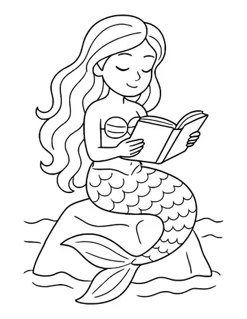 Mermaid with long wavy hair sitting on a rock in calm water, reading an open book, her scaled tail curled over the rock.