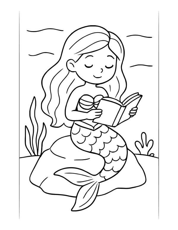 Mermaid reading a book while sitting on a rock on the sea floor, with seaweed on one side and coral on the other.