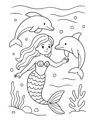 Mermaid with long flowing hair reaching toward a dolphin, a second dolphin above, with bubbles, seaweed and coral.