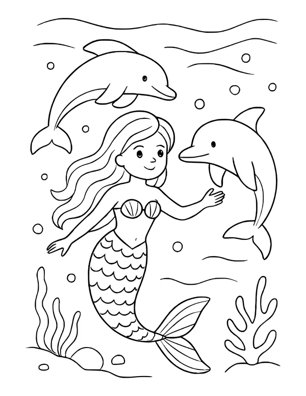 Mermaid with long flowing hair reaching toward a dolphin, a second dolphin above, with bubbles, seaweed and coral.
