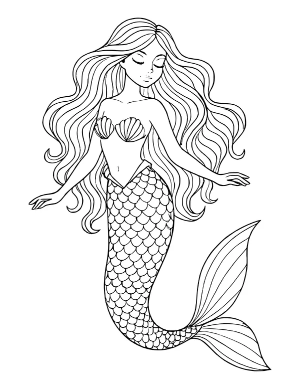 Detailed mermaid with eyes closed, very long wavy hair, a scallop shell top and a finely scaled curving tail.