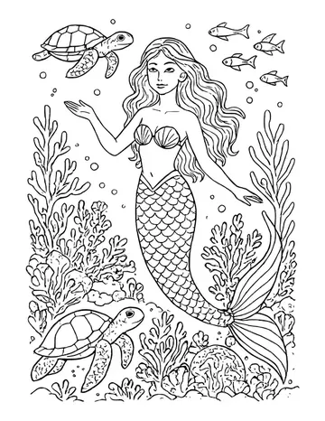 Detailed mermaid swimming above a coral reef with one sea turtle above, one below and a small school of fish.