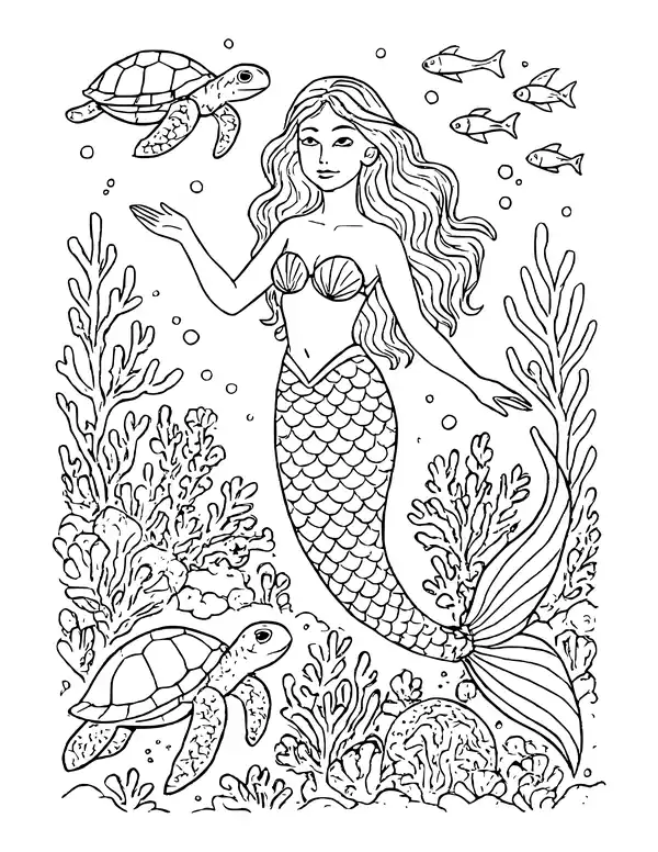 Detailed mermaid swimming above a coral reef with one sea turtle above, one below and a small school of fish.
