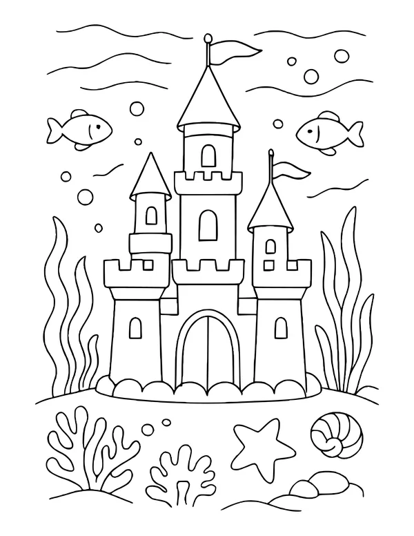 Underwater castle with three towers and two flags, fish and bubbles above, coral, a starfish and a shell below.