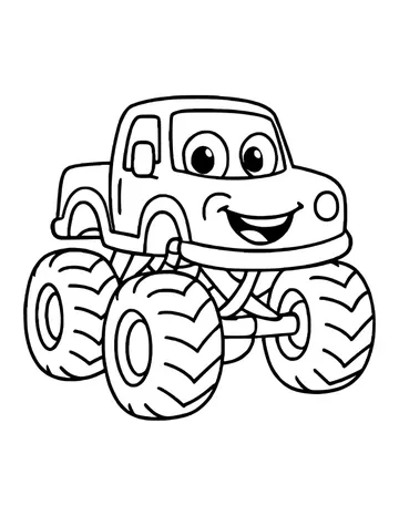 Cute cartoon monster truck with big eyes on the windshield, an open-mouth grin and four chunky treaded tires.