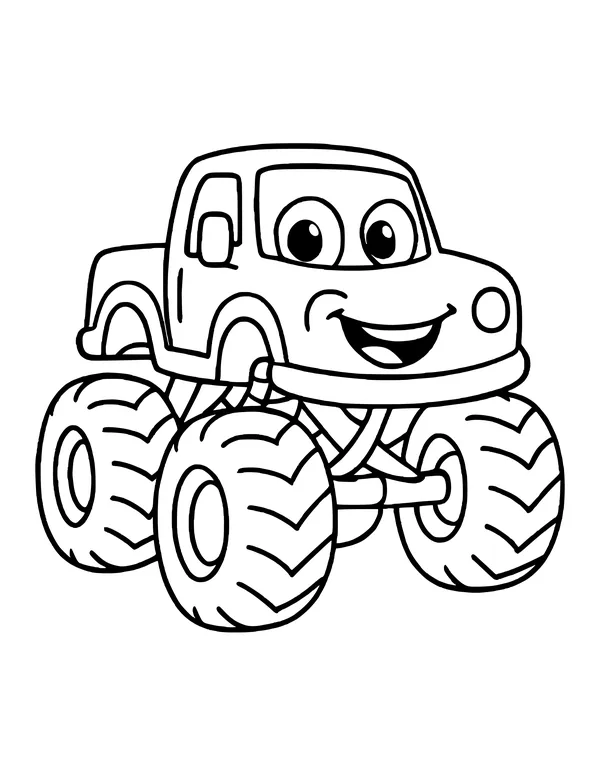 Cute cartoon monster truck with big eyes on the windshield, an open-mouth grin and four chunky treaded tires.