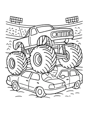 Monster truck landing on a row of cars and crushing a hood, stadium floodlights and stands in the background.