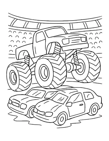 Monster truck with huge chevron tires leaping above two parked cars inside a stadium with rows of seats.