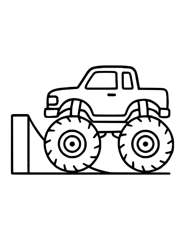 Simple side view of a monster truck on flat ground next to a tall curved ramp at the left.