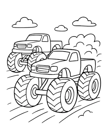 Two monster trucks racing on a curved track with puffy dust clouds behind them and clouds in the sky.