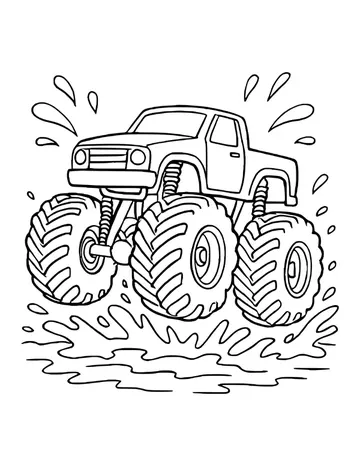 Monster truck with deep tread tires driving through a mud puddle, with big drops splashing up on both sides.