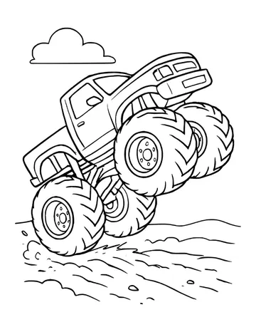 Monster truck popping a wheelie on its back tires, kicking up dirt under a single cloud.