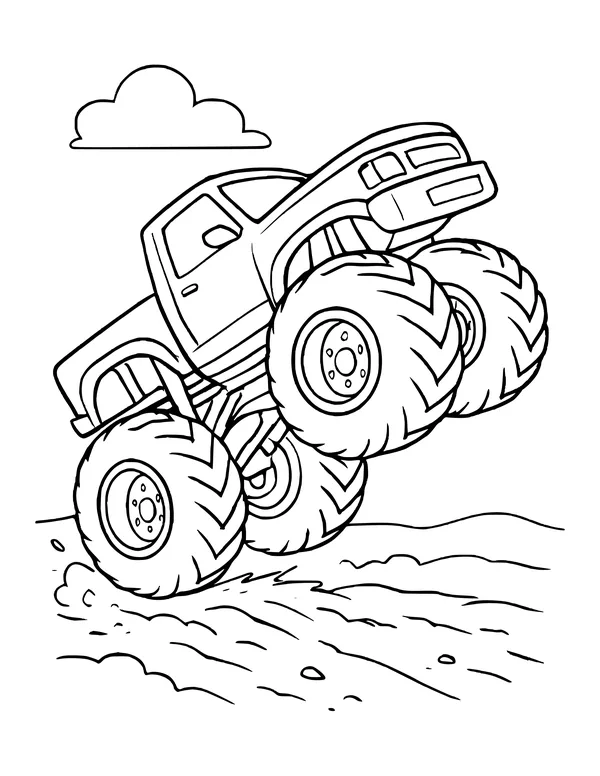 Monster truck popping a wheelie on its back tires, kicking up dirt under a single cloud.