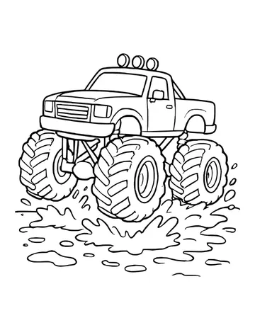 Monster truck with three round roof lights churning through a wide mud puddle full of splashes and blobs.