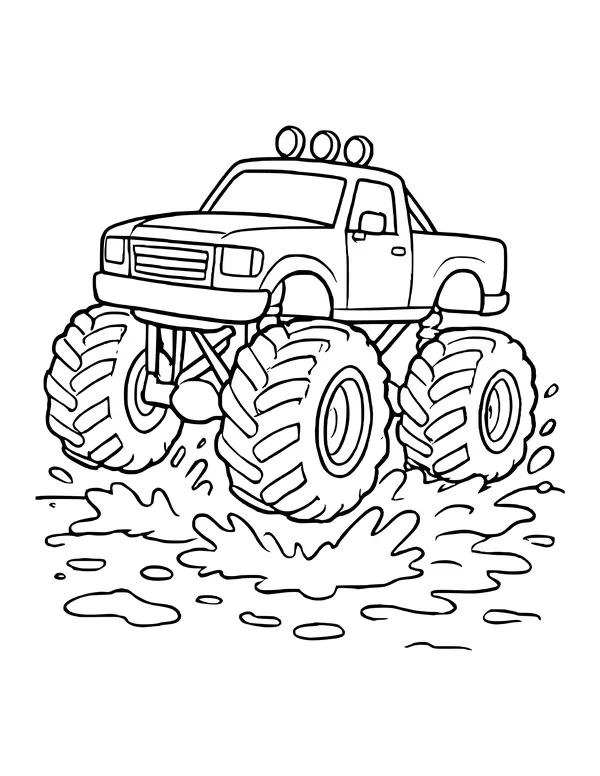 Monster truck with three round roof lights churning through a wide mud puddle full of splashes and blobs.