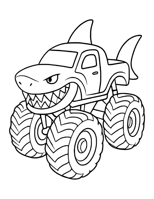 Monster truck shaped like a shark with a tall dorsal fin, tail fin, toothy grin and chevron-tread tires.