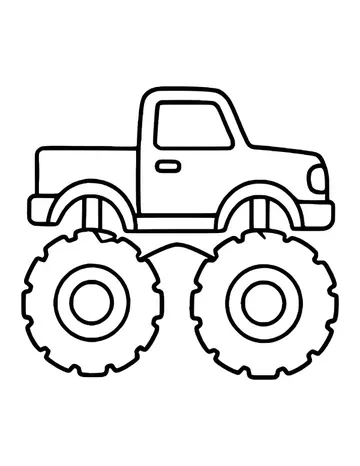 Easy side view of a pickup monster truck with two giant knobby tires and thick, bold outlines.