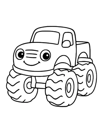 Cute cartoon monster truck with round eyes and a smile on its front grille, sitting on four wavy-tread tires.