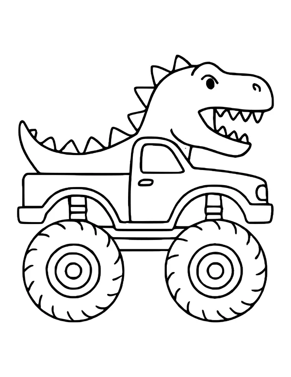 Side view of a monster truck whose body is a grinning t-rex, with spikes running down its back and a tail over the bed.