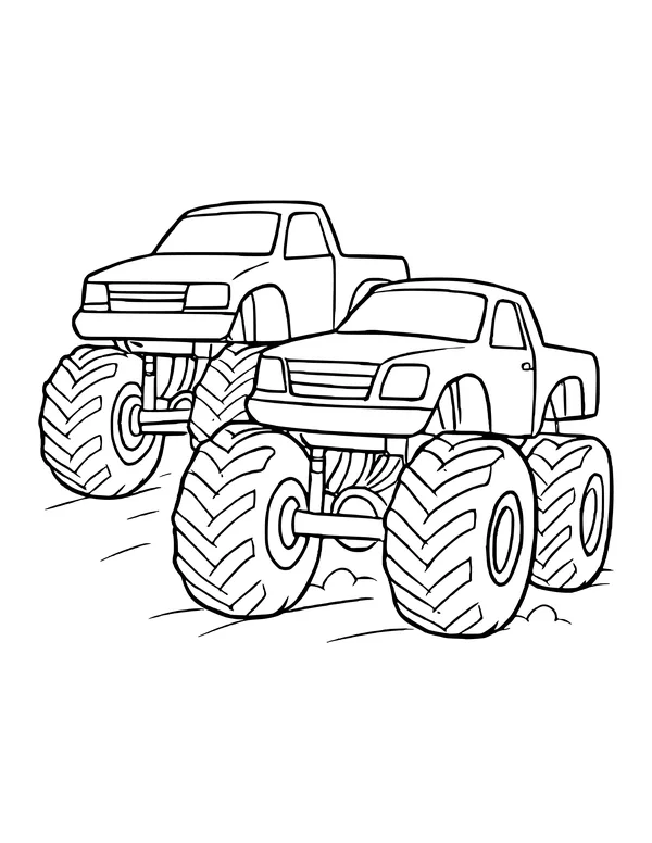 Two monster trucks with huge chevron tires racing side by side across a dirt track, one slightly ahead.