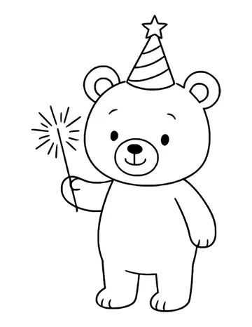 Cute bear in a party hat holding a sparkler