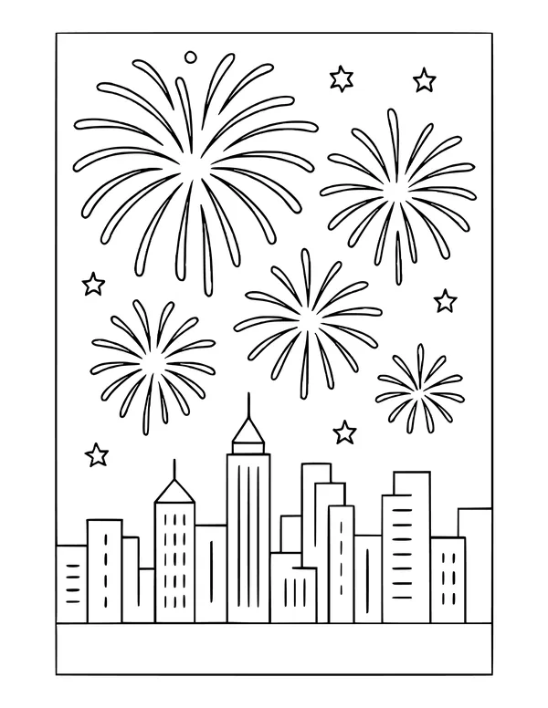 Fireworks bursting in the sky above a city skyline