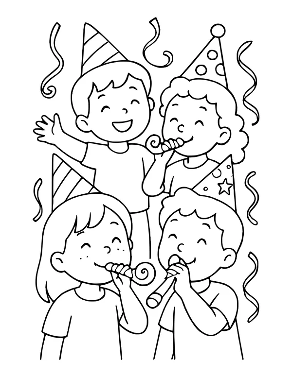 Five happy children in party hats celebrating with noisemakers