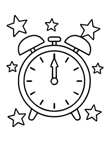 Alarm clock with bells showing twelve o'clock among stars