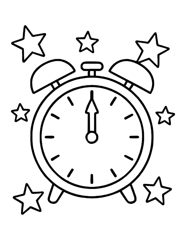 Alarm clock with bells showing twelve o'clock among stars