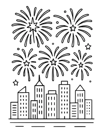 Many fireworks exploding over tall city buildings