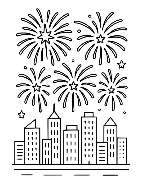 Many fireworks exploding over tall city buildings