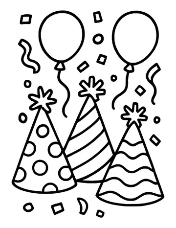 Three patterned party hats with balloons and confetti