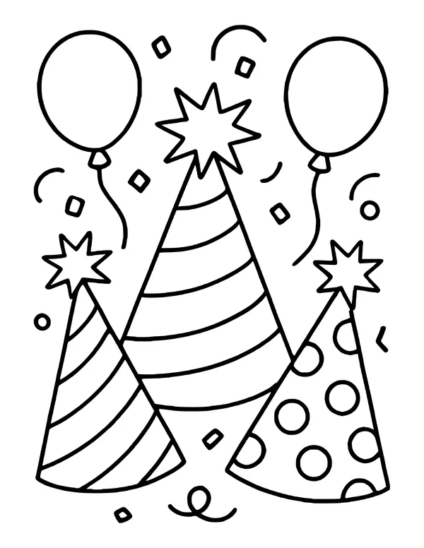 Striped and dotted party hats with stars, balloons and confetti