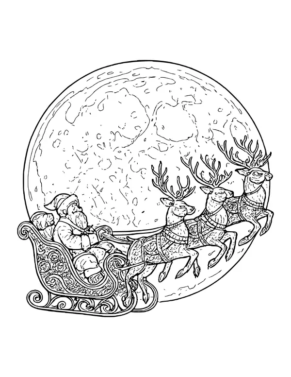 Santa's sleigh and reindeer silhouetted against a full moon with craters