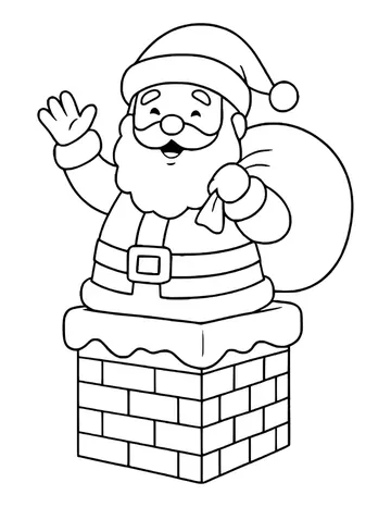 Santa climbing into a brick chimney with a bag of toys