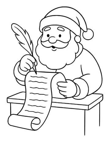 Santa at his desk writing on a long list with a feather pen