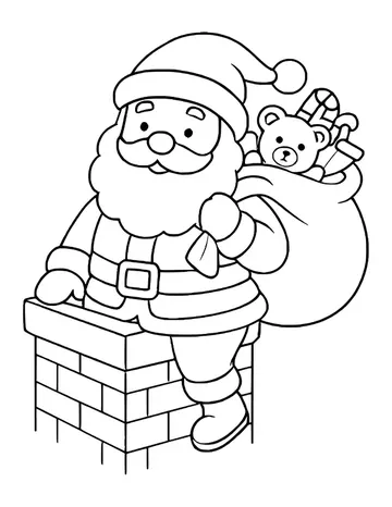 Santa waving from a chimney with a sack full of toys and a teddy bear