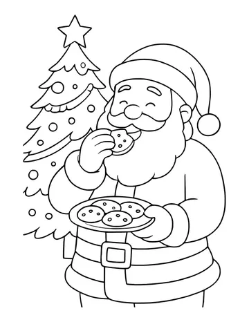 Santa holding a plate of cookies beside a decorated Christmas tree
