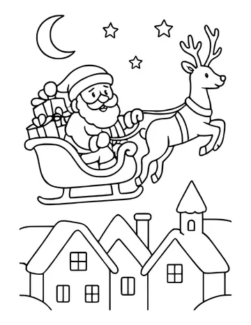 Santa and his reindeer flying past a crescent moon above a town
