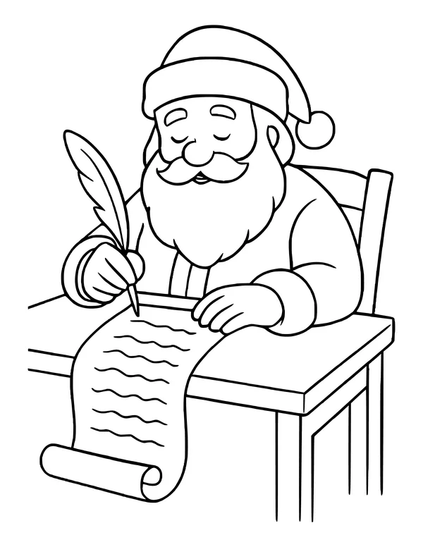 Santa smiling as he writes on a long scroll at a wooden desk