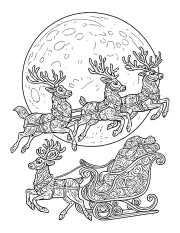 Detailed reindeer pulling Santa's sleigh across a large full moon