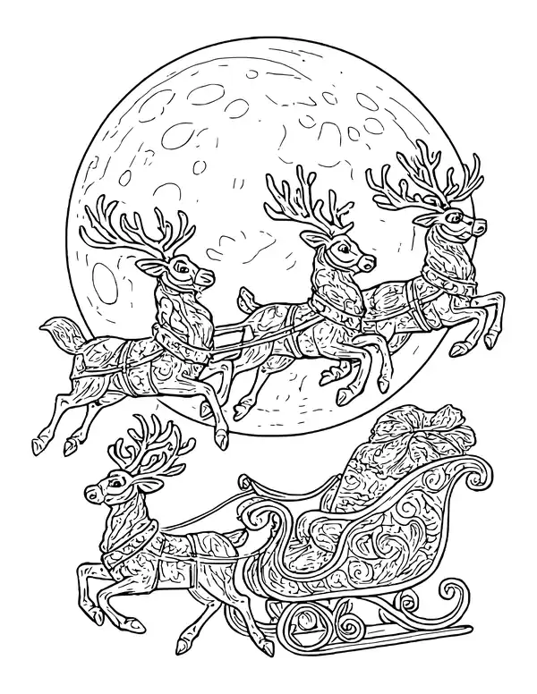 Detailed reindeer pulling Santa's sleigh across a large full moon