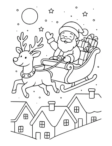 Santa in a sleigh full of presents pulled by a reindeer over snowy rooftops