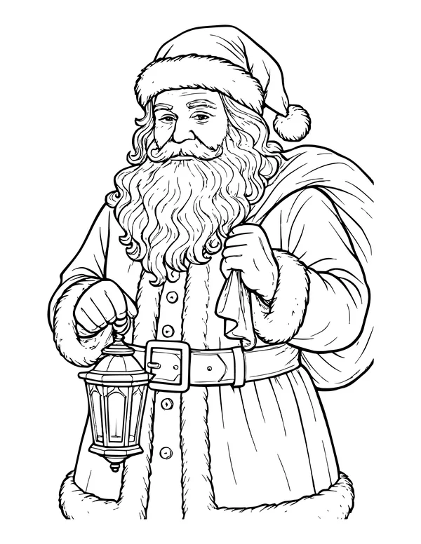 Vintage-style Santa with a long coat, belt and lantern, drawn in fine detail