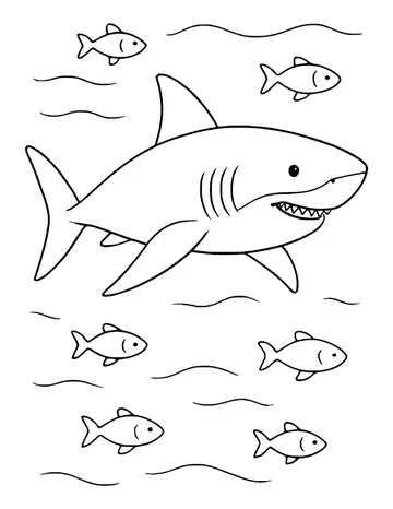 Great white shark swimming sideways with six small fish around it and wavy water lines.